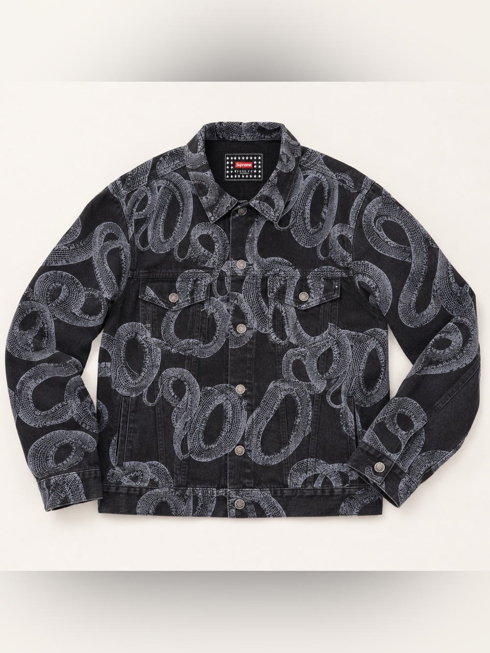 Supreme Black Denim Jacket with Gray Serpent Ring Print